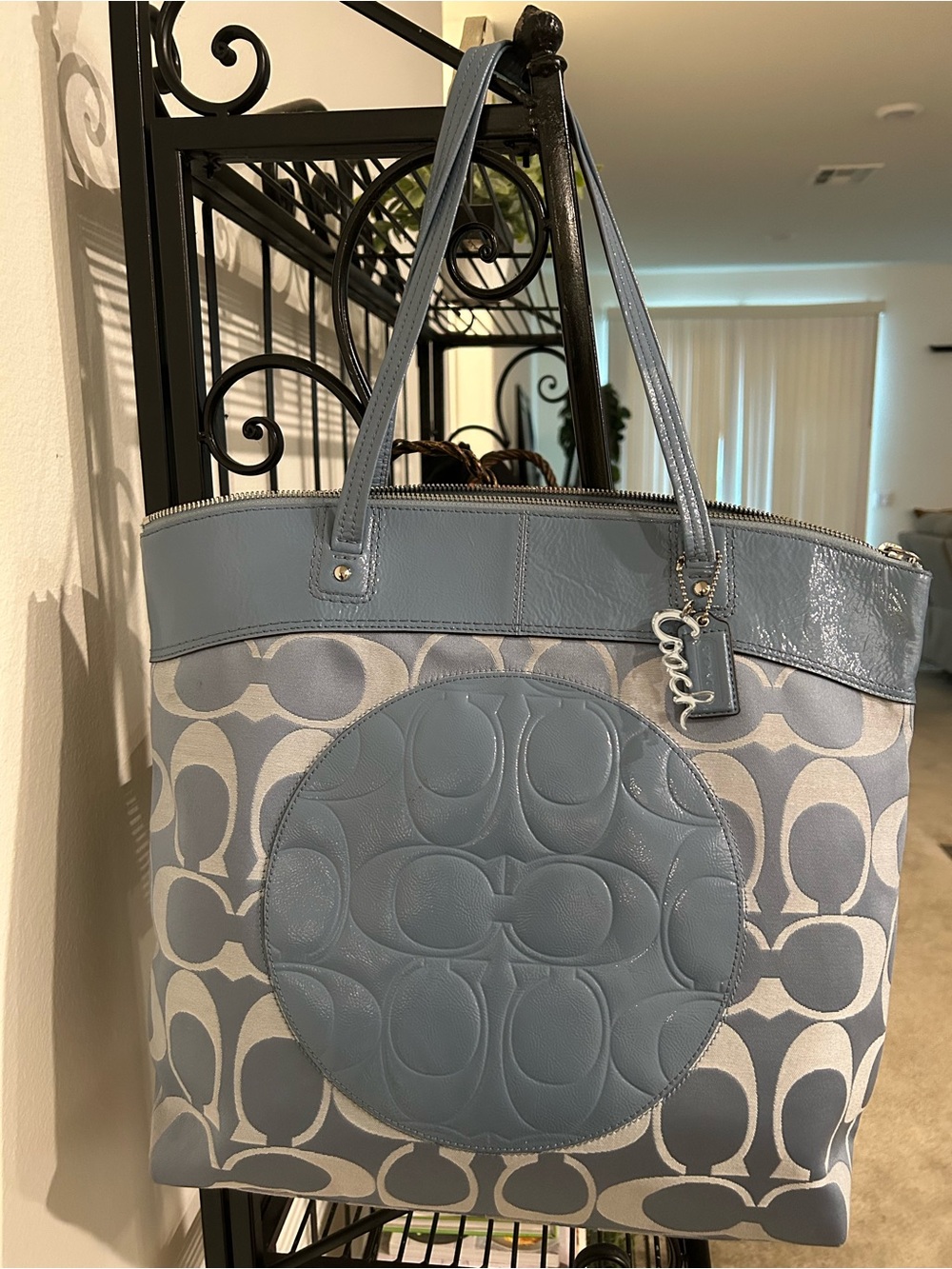 Coach Laura Light Blue Signature Canvas Tote with Leather Trim
